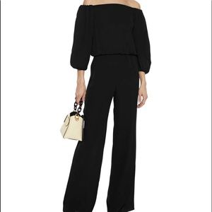 Theory Off-Shoulder/Square Neck Silk Crepe Jumpsuit Black NWOT Pockets Slimming